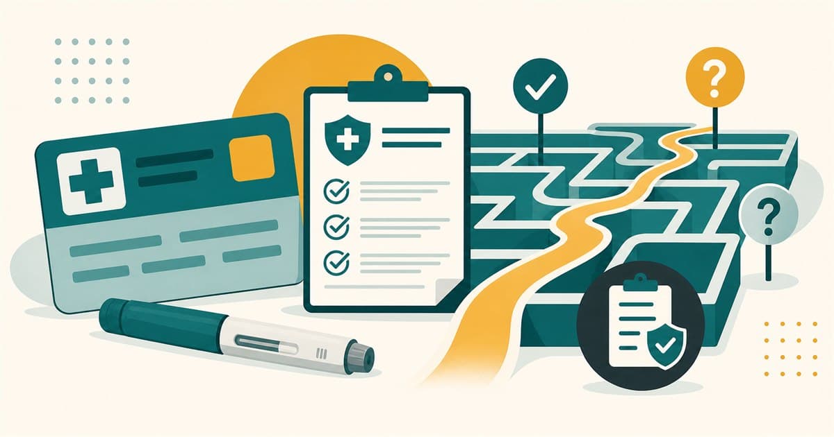 Illustration of an insurance coverage maze and prior authorization paperwork for GLP-1 medications