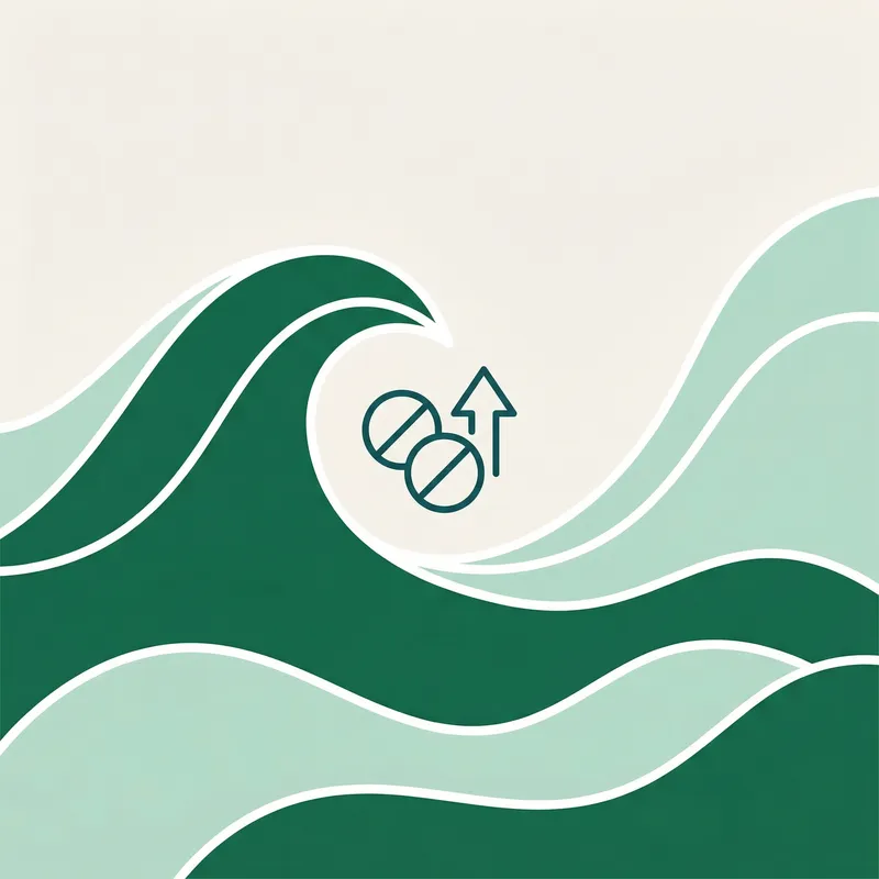 Editorial cartoon: pills with upward arrow on green waves