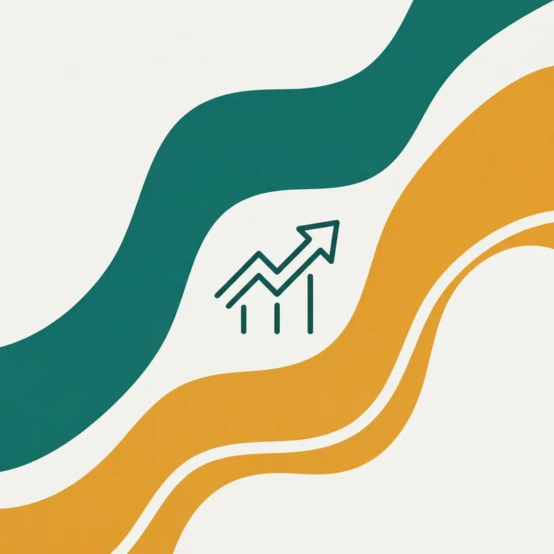 Editorial cartoon: trending up arrow on teal/yellow waves