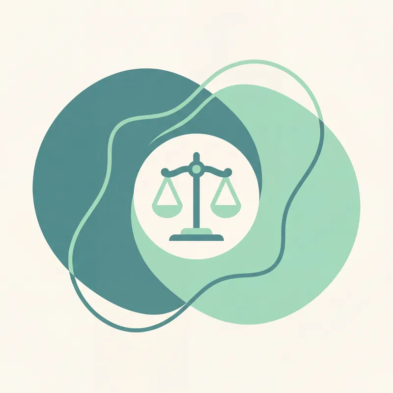 Editorial cartoon: balance scale on green/teal abstract shapes