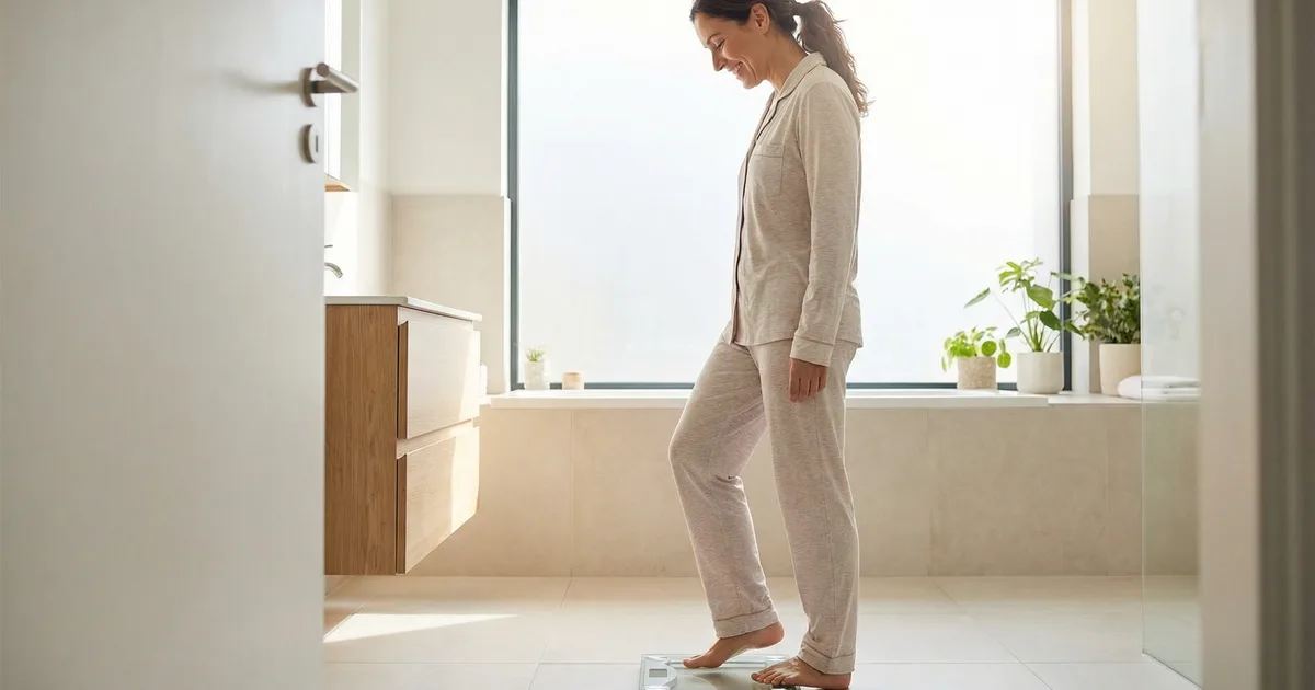 Person stepping on a scale while tracking weight loss progress