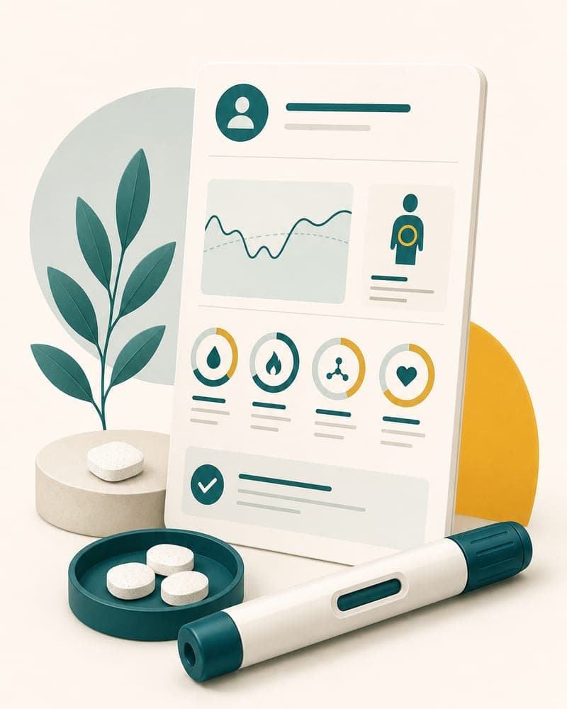 Editorial portrait illustration for Embody, a personalized GLP-1 telehealth provider offering compounded semaglutide and tirzepatide with a metabolic report