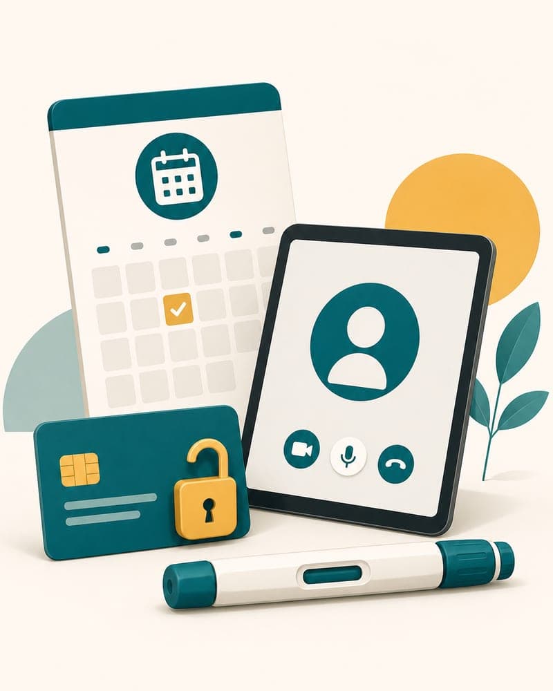 Editorial portrait illustration for Sesame, a marketplace-style direct-pay telehealth provider for GLP-1 visits