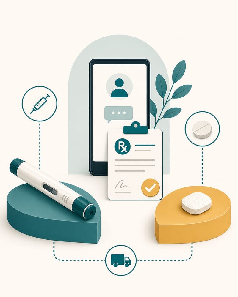 Editorial portrait illustration for Strut Health, a needle-averse-friendly GLP-1 telehealth provider offering injectable and oral lozenge semaglutide