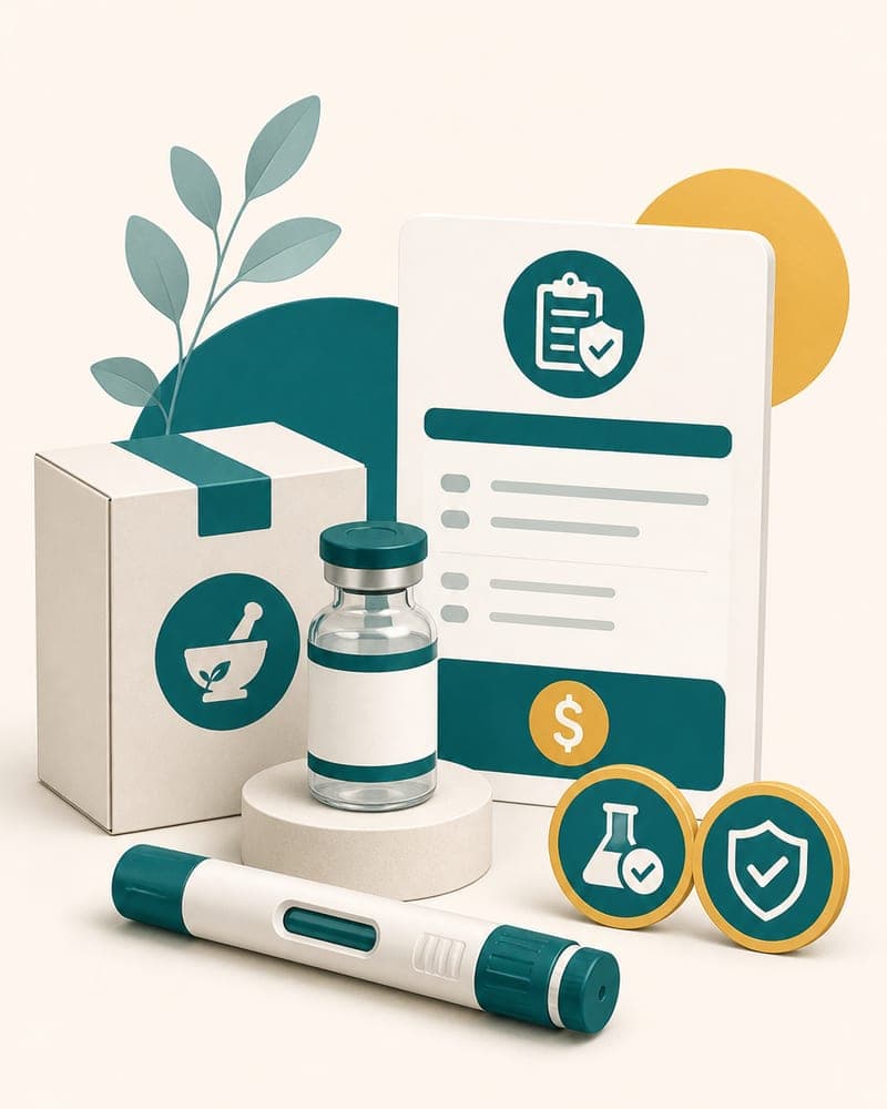 Editorial portrait illustration for TRIM RX, a dual-LegitScript-certified GLP-1 telehealth provider with all-in monthly pricing